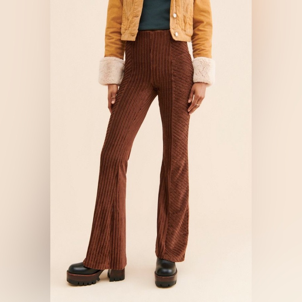 Free People Ribbed High-Rise Flare Pants - Brown